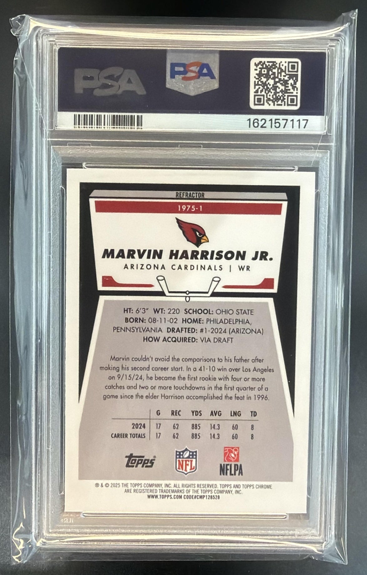 2025 Topps Chrome Marvin Harrison Jr. #1975-1 1975 Refractor Cardinals PSA 9 — back