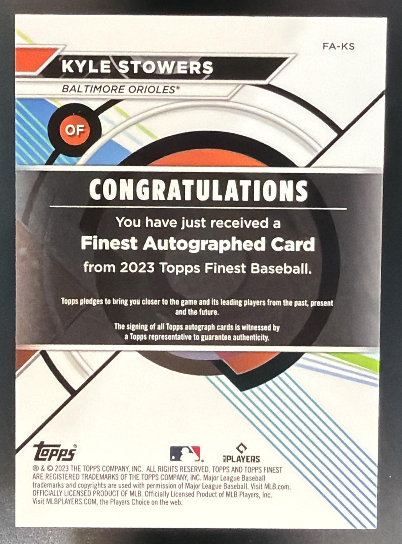 2023 Topps Finest Kyle Stowers #FA-KS Auto Green Refractor 13/99 RC Orioles — back