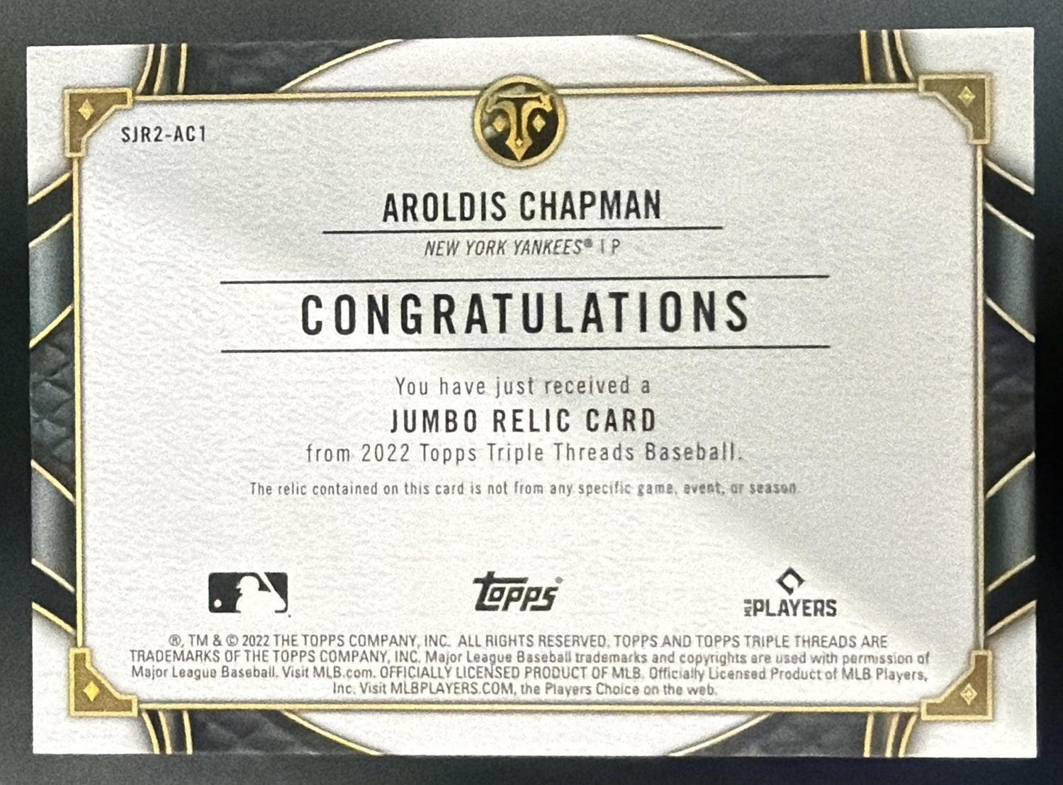 2022 Topps Triple Threads Aroldis Chapman Single Jumbo Relics Amber /18 — back