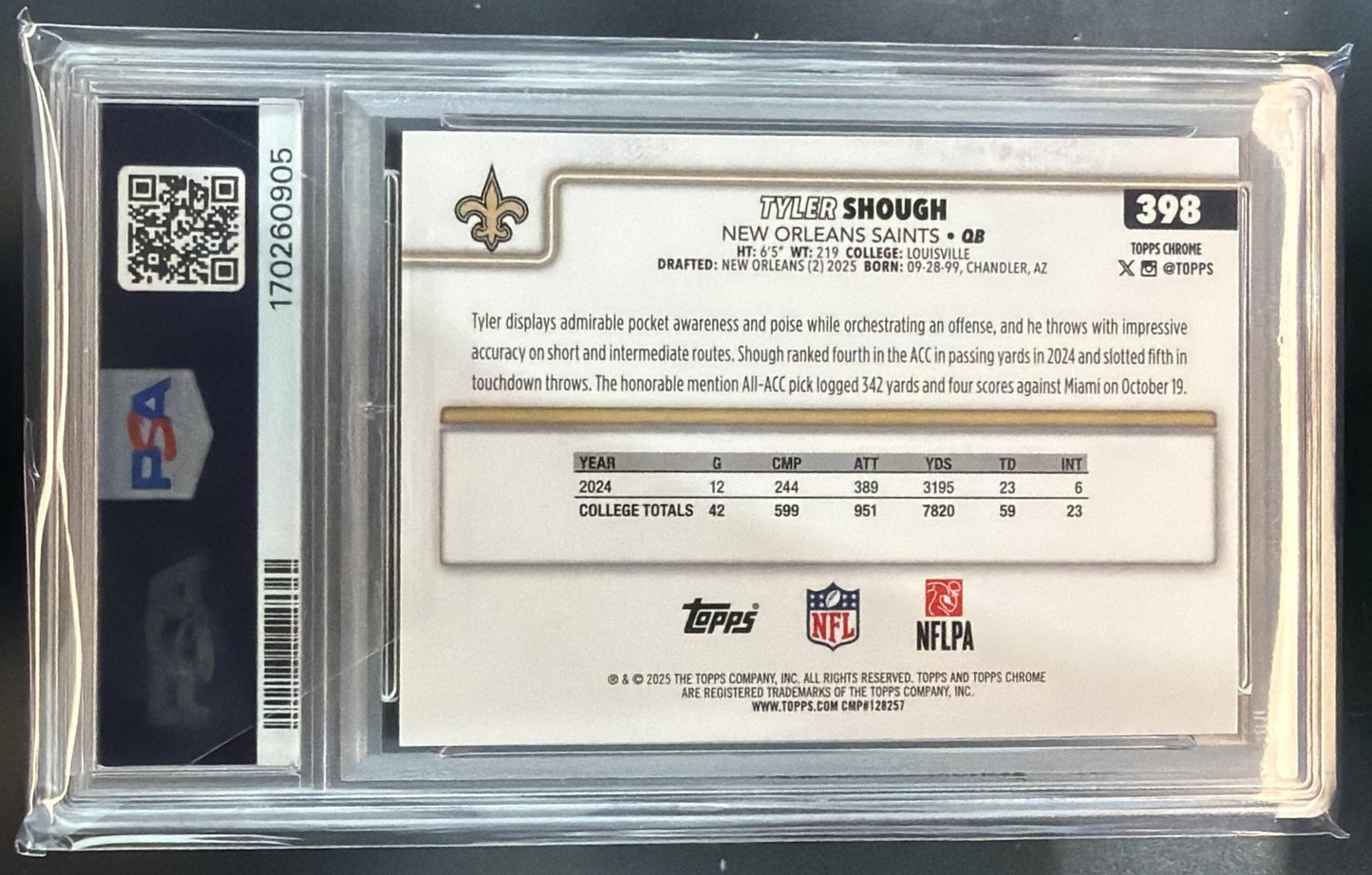 2025 Topps Chrome Tyler Shough #398 Rookie RC Saints PSA 7 — back