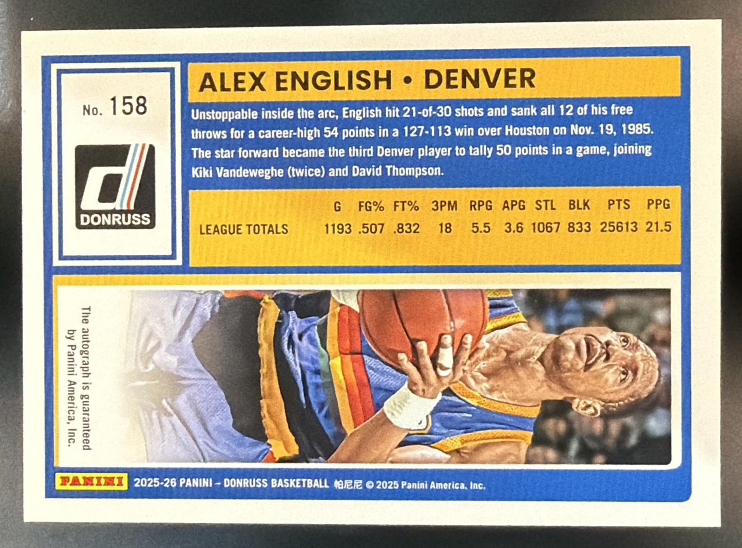 2025-26 Panini Donruss Alex English #158 Auto Orange Lava /99 Nuggets — back