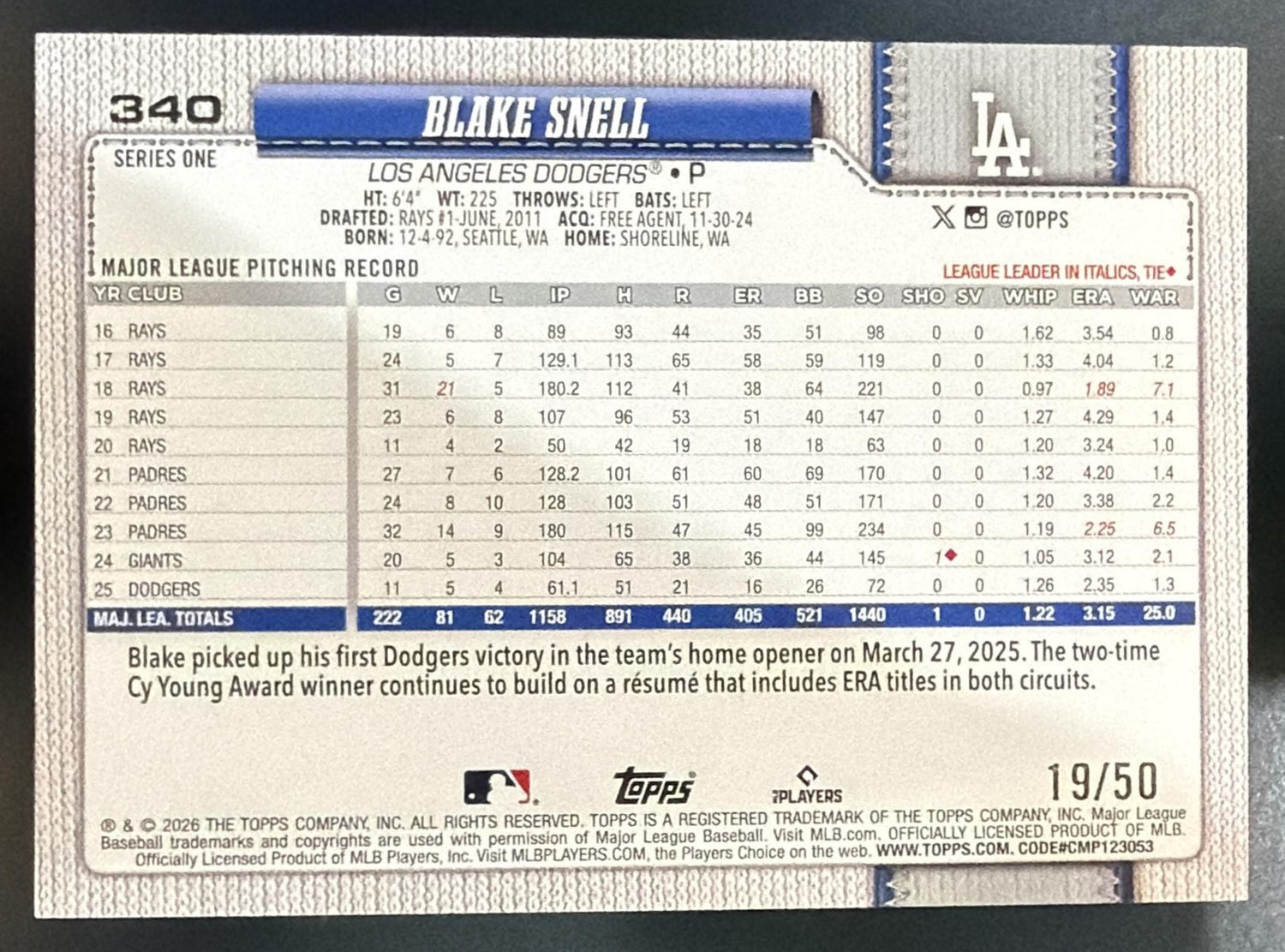 2026 Topps Series 1 Blake Snell #340 Gold Diamante Foil 19/50 Dodgers — back