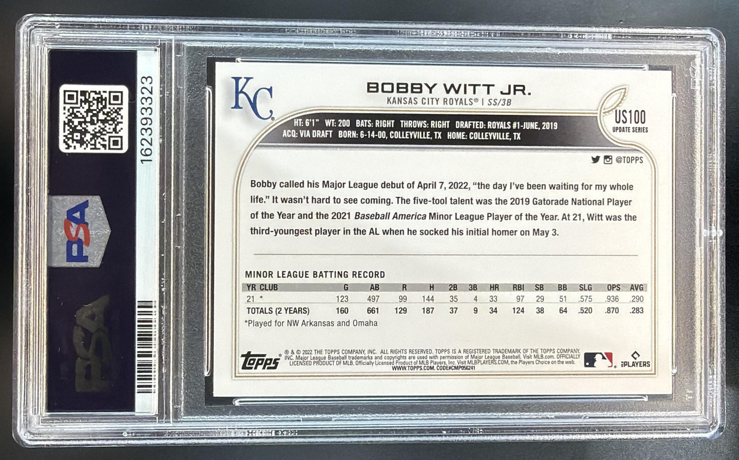 2022 Topps Update Bobby Witt Jr. #US100 RC Royals PSA 10 — back