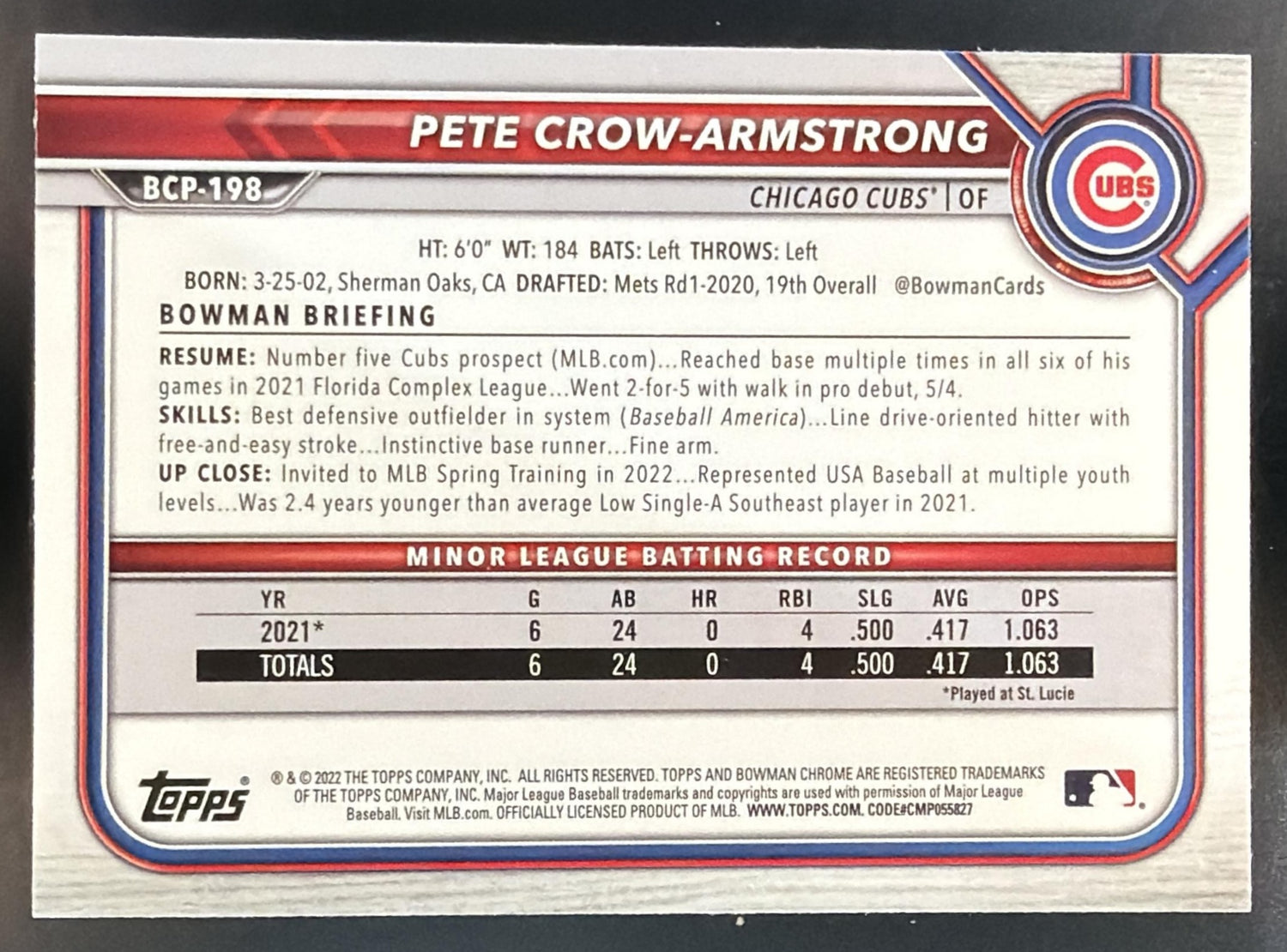 2022 Bowman Chrome Pete Crow-Armstrong Black and White Mini Diamond Refractor — back