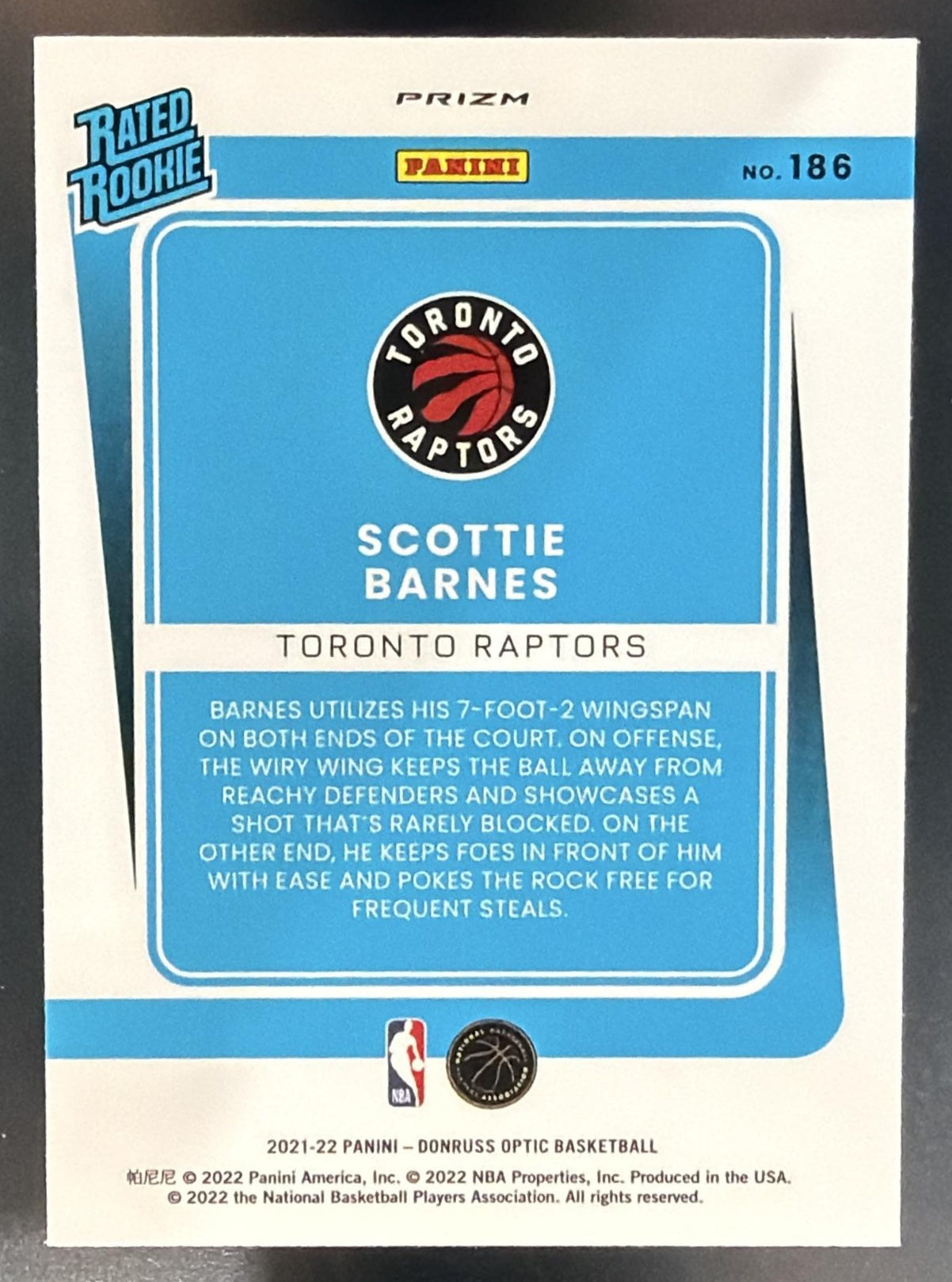 2021-22 Panini Donruss Optic Scottie Barnes #186 Choice Prizm RC Raptors — back