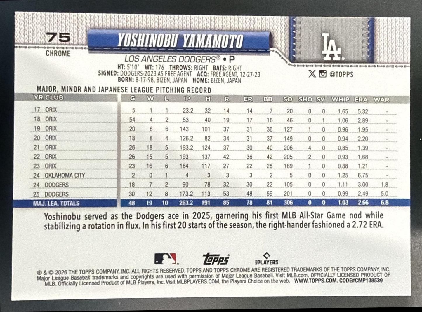 2026 Topps Chrome LogoFractor Yoshinobu Yamamoto #75 Pink Refractor /250 — back
