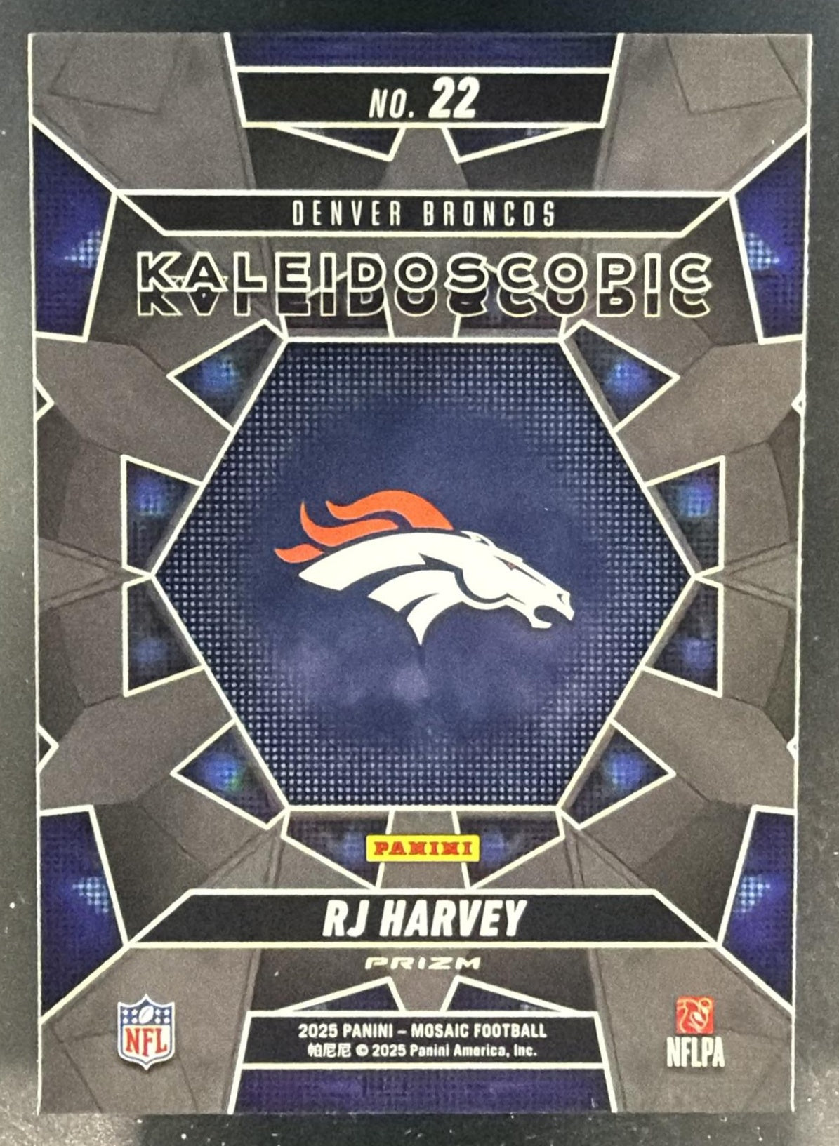 2025 Panini Mosaic RJ Harvey #22 Kaleidoscopic RC Broncos — back
