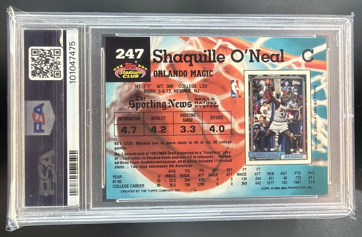 1992-93 Topps Stadium Club Shaquille O'Neal #247 RC Magic PSA 10 — back
