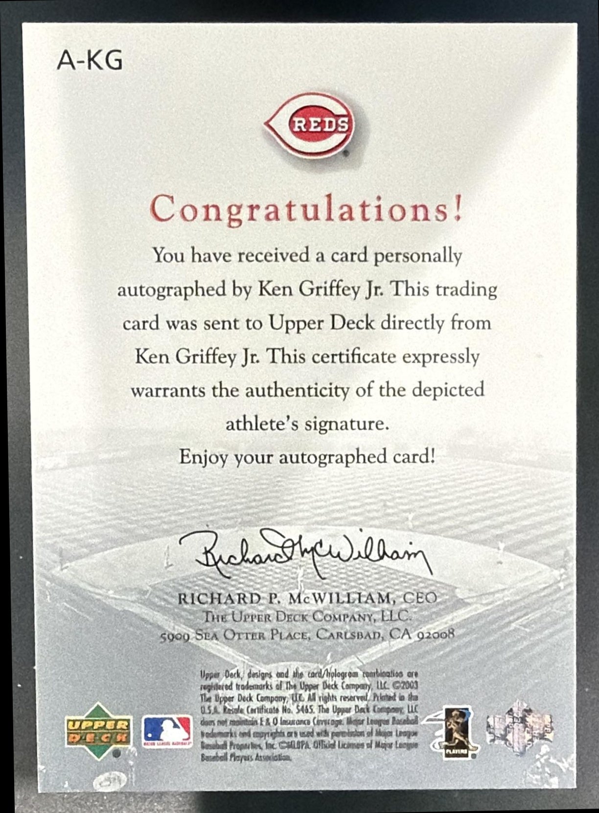 2003 Upper Deck Game Face Ken Griffey Jr. #KG Auto Reds — back