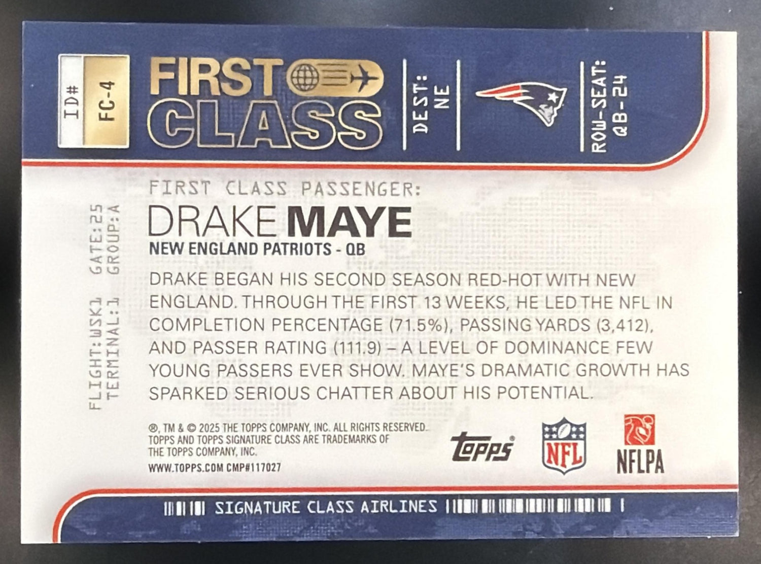 2025 Topps Signature Class Drake Maye #FC-4 First SSP Patriots — back