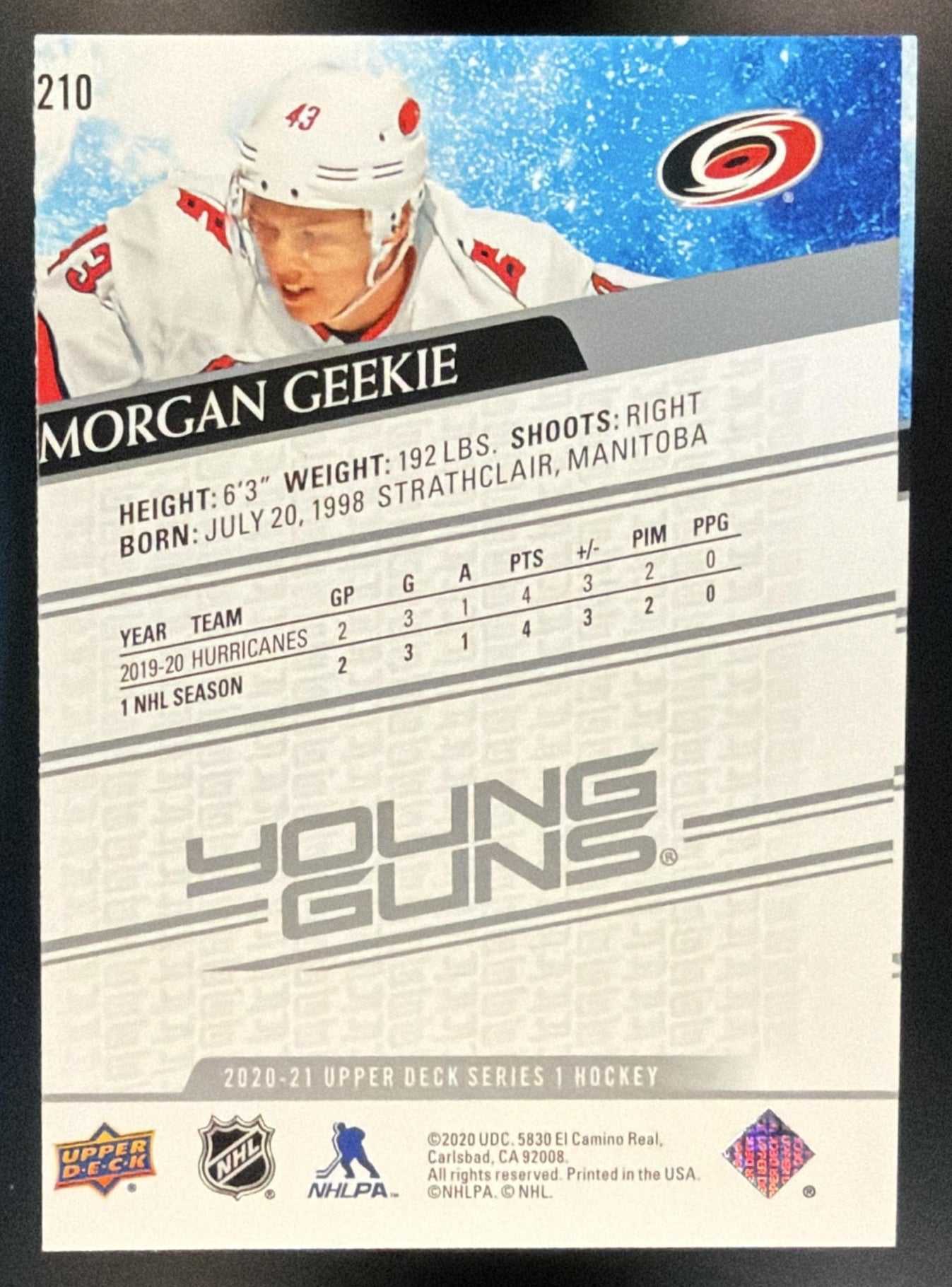 2020-21 Upper Deck Morgan Geekie #210 Young Guns RC Hurricanes! — back