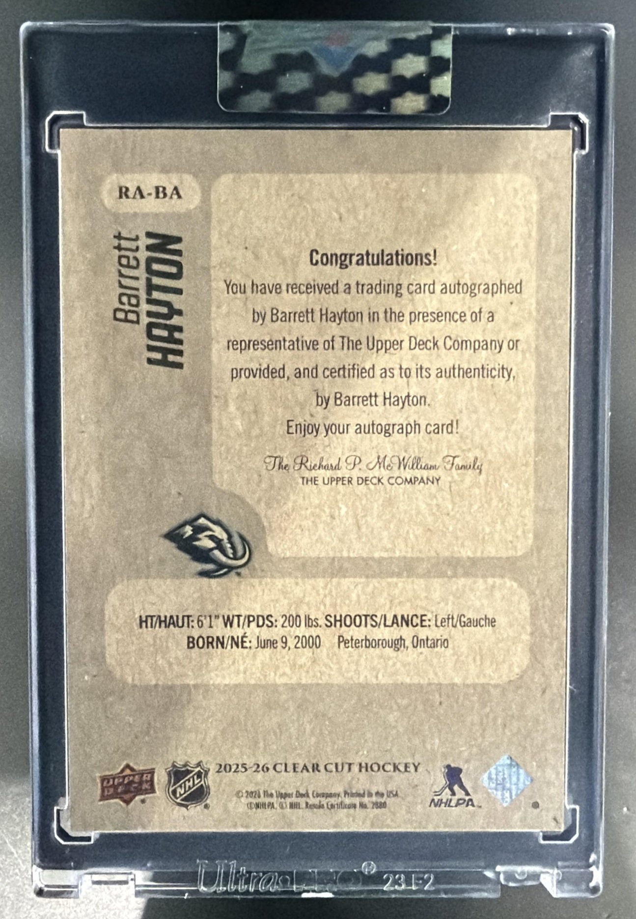 2025-26 Upper Deck Clear Cut Barrett Hayton #RA-BA Retro Autos Auto Mammoth — back