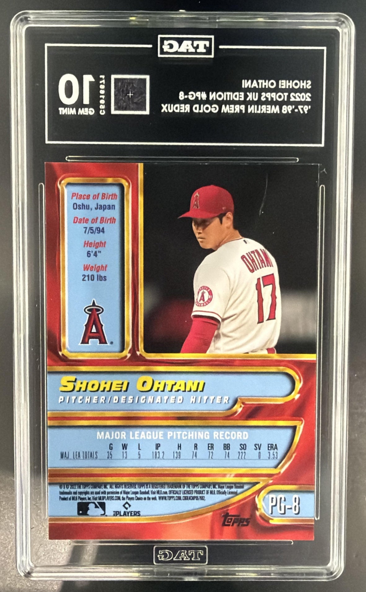 2022 Topps UK Edition Shohei Ohtani 1997-98 Merlin Premier Gold Redux TAG 10 — back