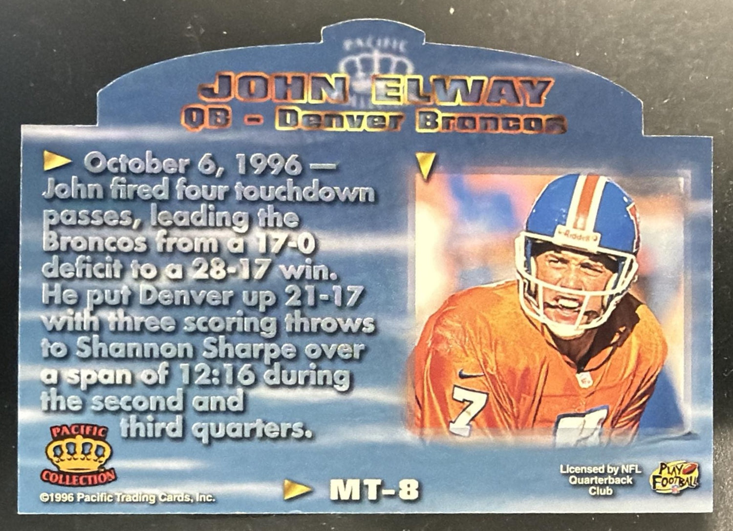1996 Pacific Litho-Cel John Elway #MT-8 Moments in Time Broncos — back