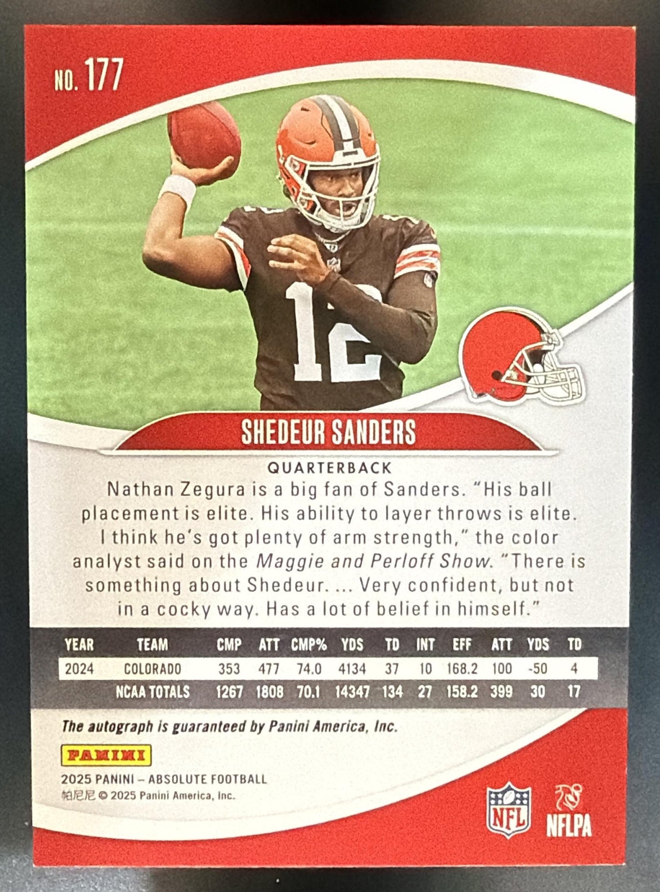 2025 Panini Absolute Shedeur Sanders #177 Signature Rookies RC Auto Browns — back