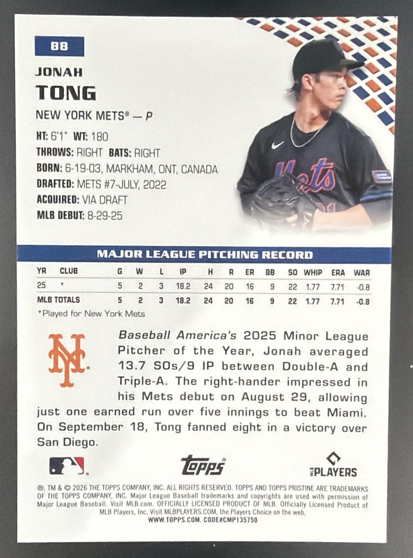 2026 Topps Pristine Jonah Tong #88 Blue Refractor 36/75 RC Mets — back