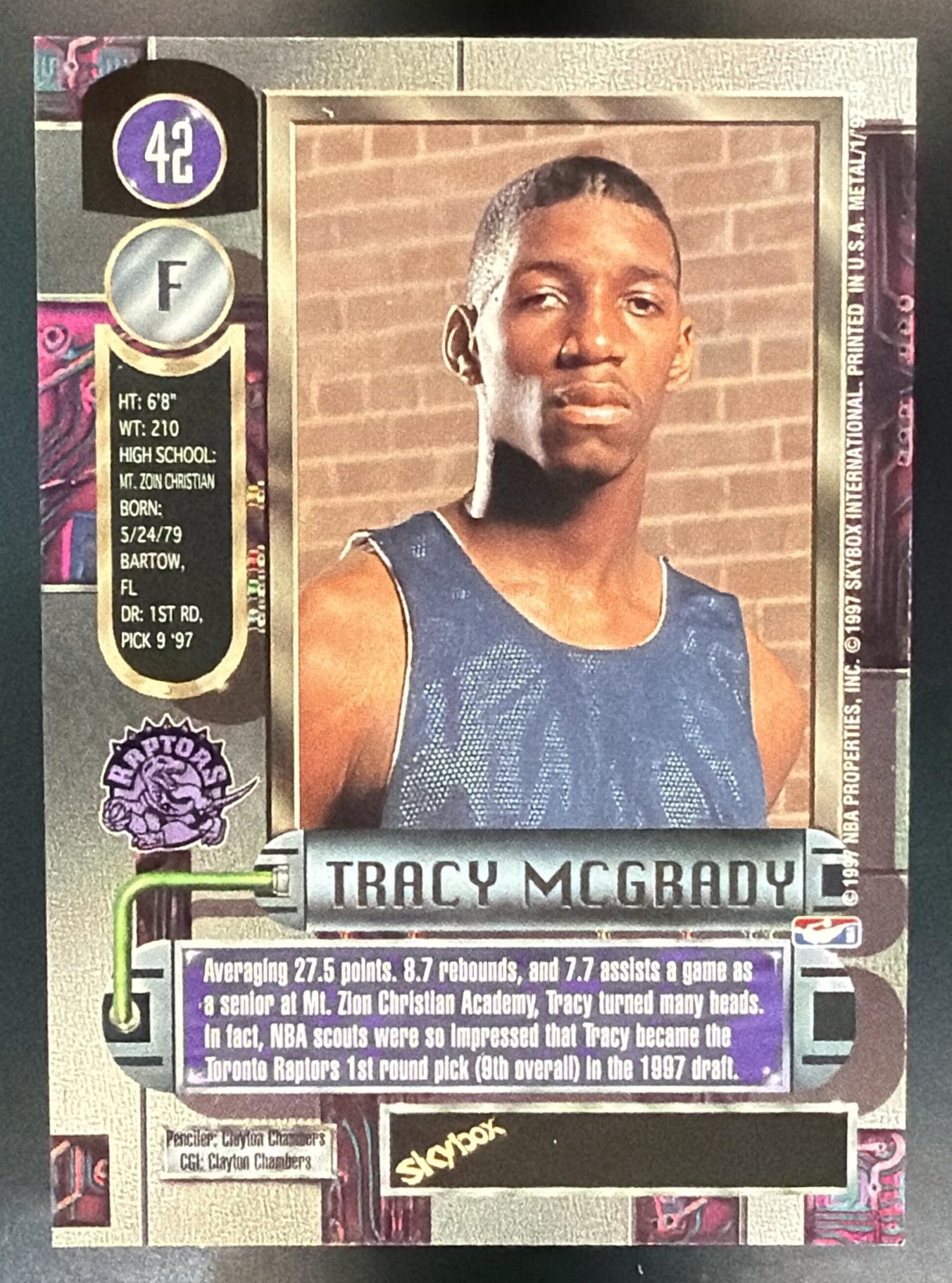 1997-98 Skybox Metal Universe Tracy McGrady #42 RC Raptors — back