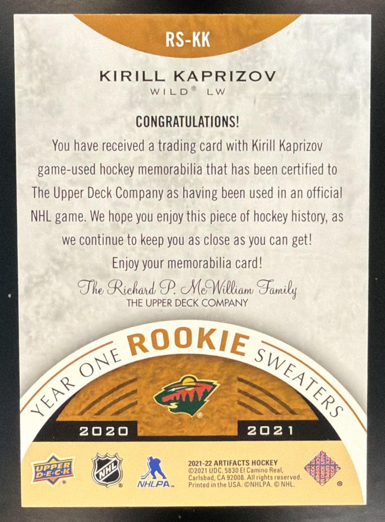 2021 Upper Deck Artifacts Kirill Kaprizov #RS-KK Year One Rookie Sweaters MEM — back