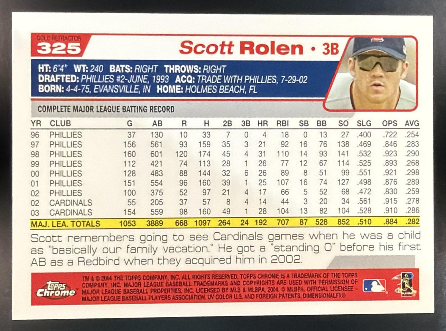 2004 Topps Chrome Scott Rolen #325 Gold Refractor Cardinals — back