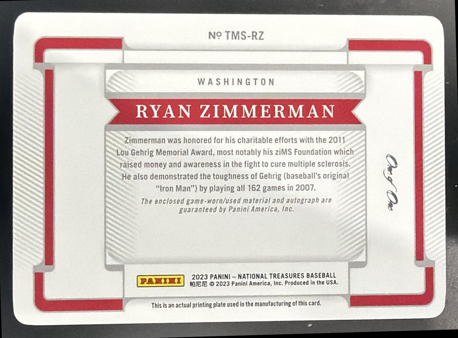 2023 National Treasures Ryan Zimmerman Materials Printing Plate 1/1 MEM Auto — back