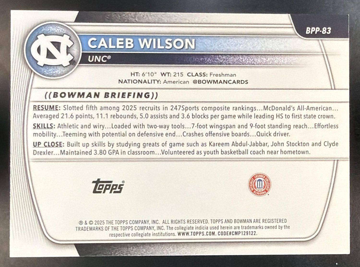 2025-26 Bowman Caleb Wilson #BPP-83 1st Prospect Tar Heels — back