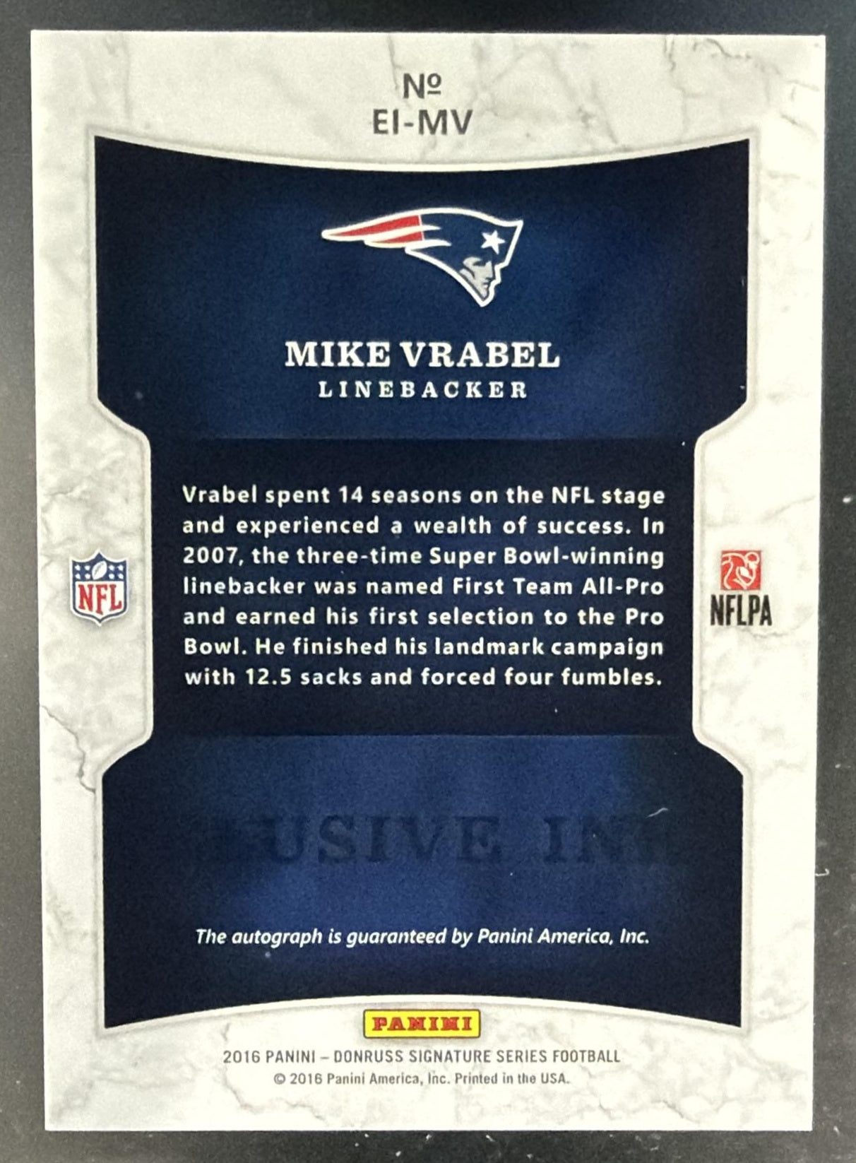2016 Panini Donruss Signature Series Mike Vrabel #EI-MV Elusive Ink Auto — back
