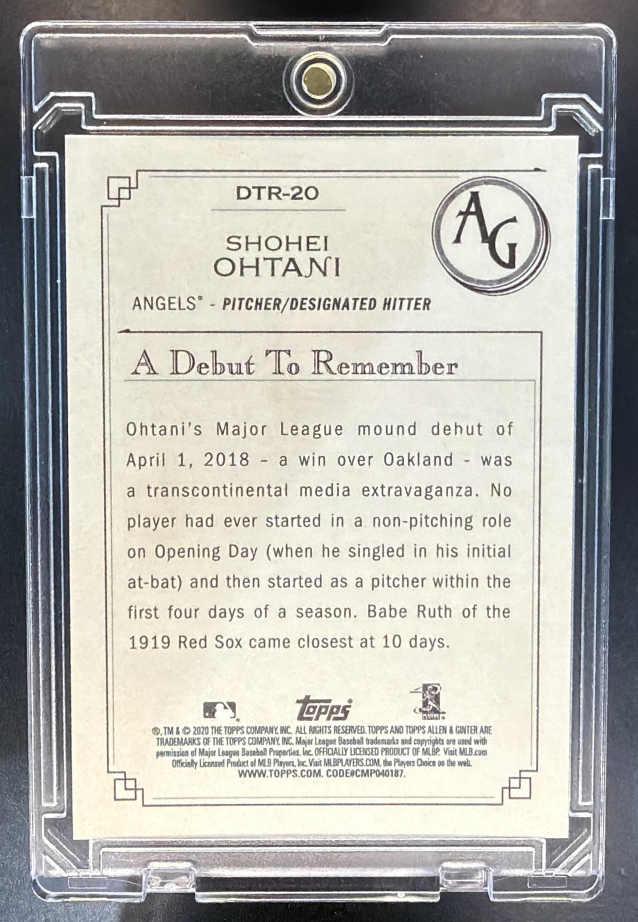 2020 Topps Allen & Ginter Shohei Ohtani #DTR-20 A Debut to Remember Angels — back