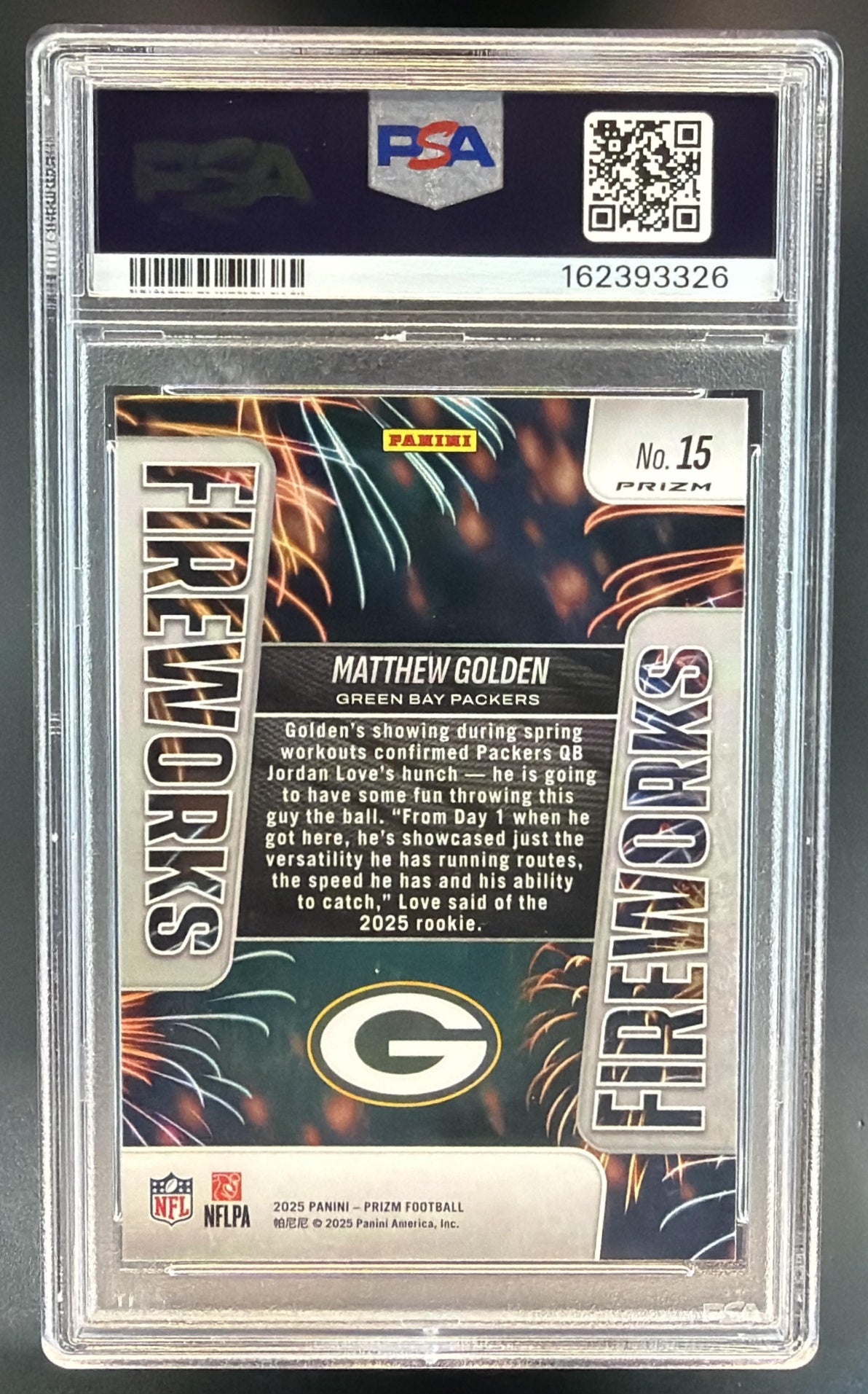 2025 Panini Prizm Matthew Golden #15 Fireworks Silver RC Packers PSA 10 — back