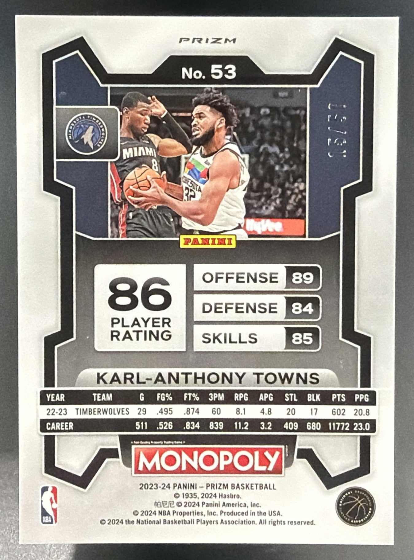 2023 Panini Prizm Monopoly Karl-Anthony Towns #53 Purple Millionaire Shimmer /50 — back