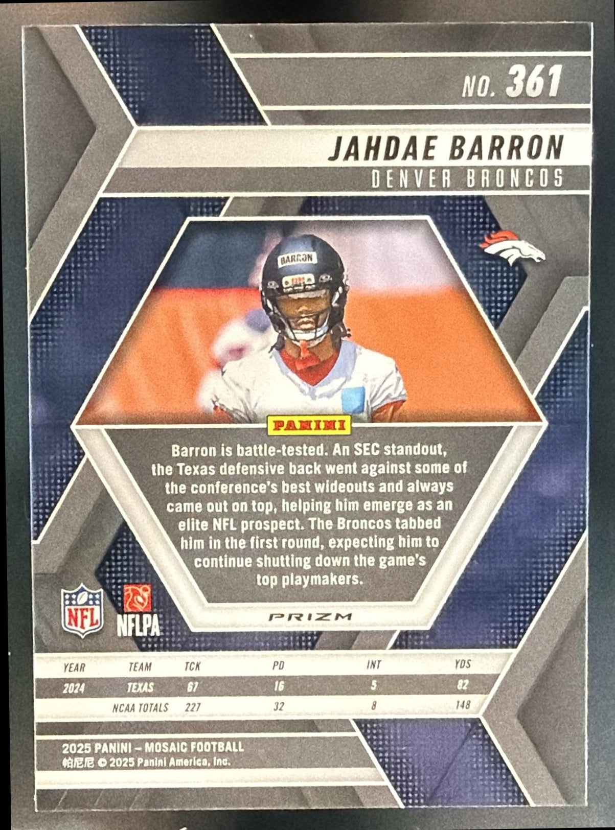 2025 Panini Mosaic Jahdae Barron #361 Rookies Genesis Prizm RC Broncos — back