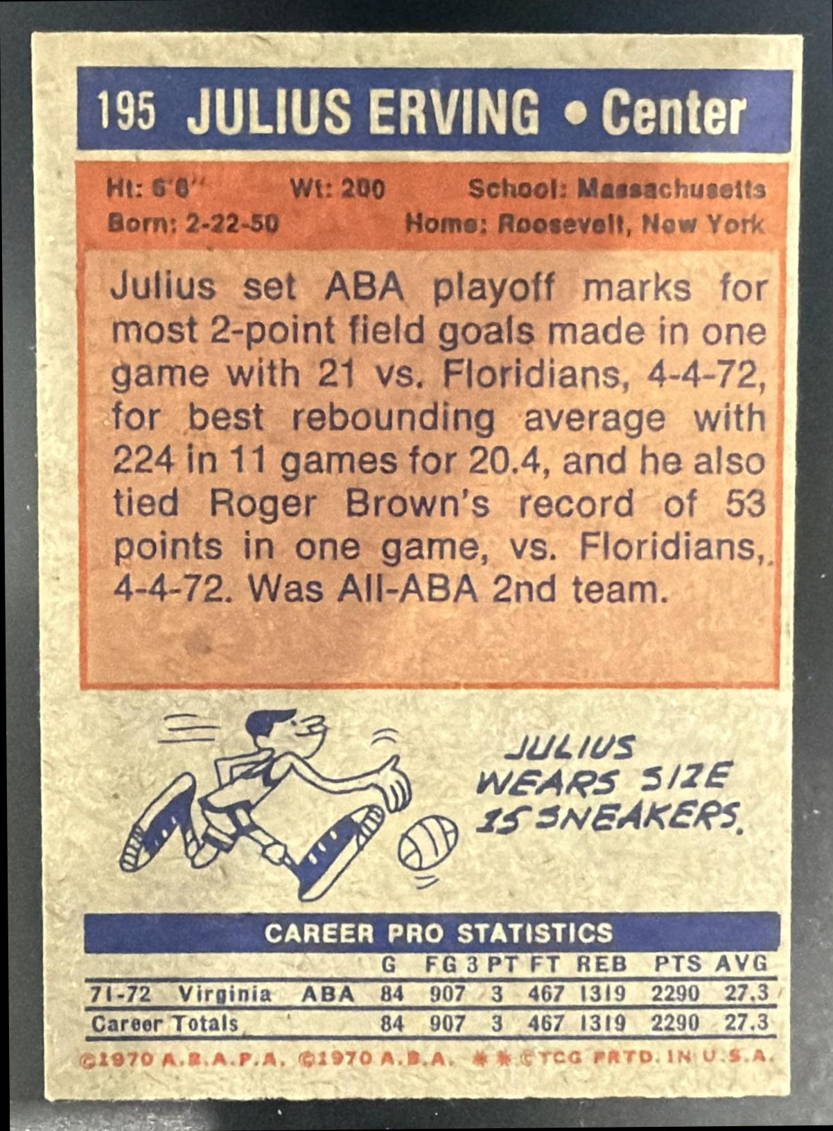 1972-73 Topps Julius Erving #195 RC — back