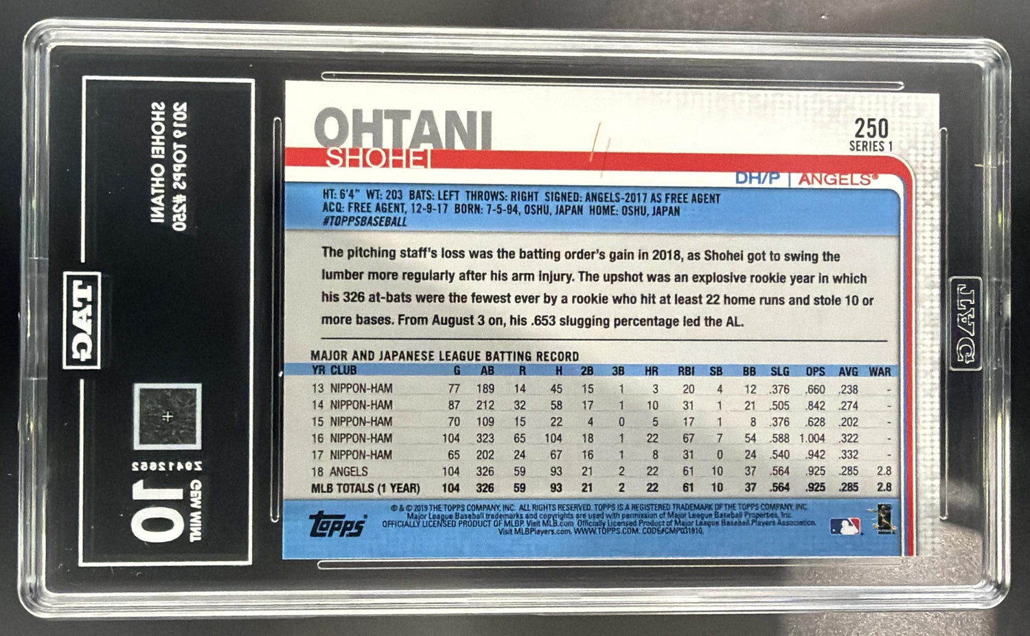 2019 Topps Shohei Ohtani #250 Super Rookie All-Star Angels TAG 10 — back