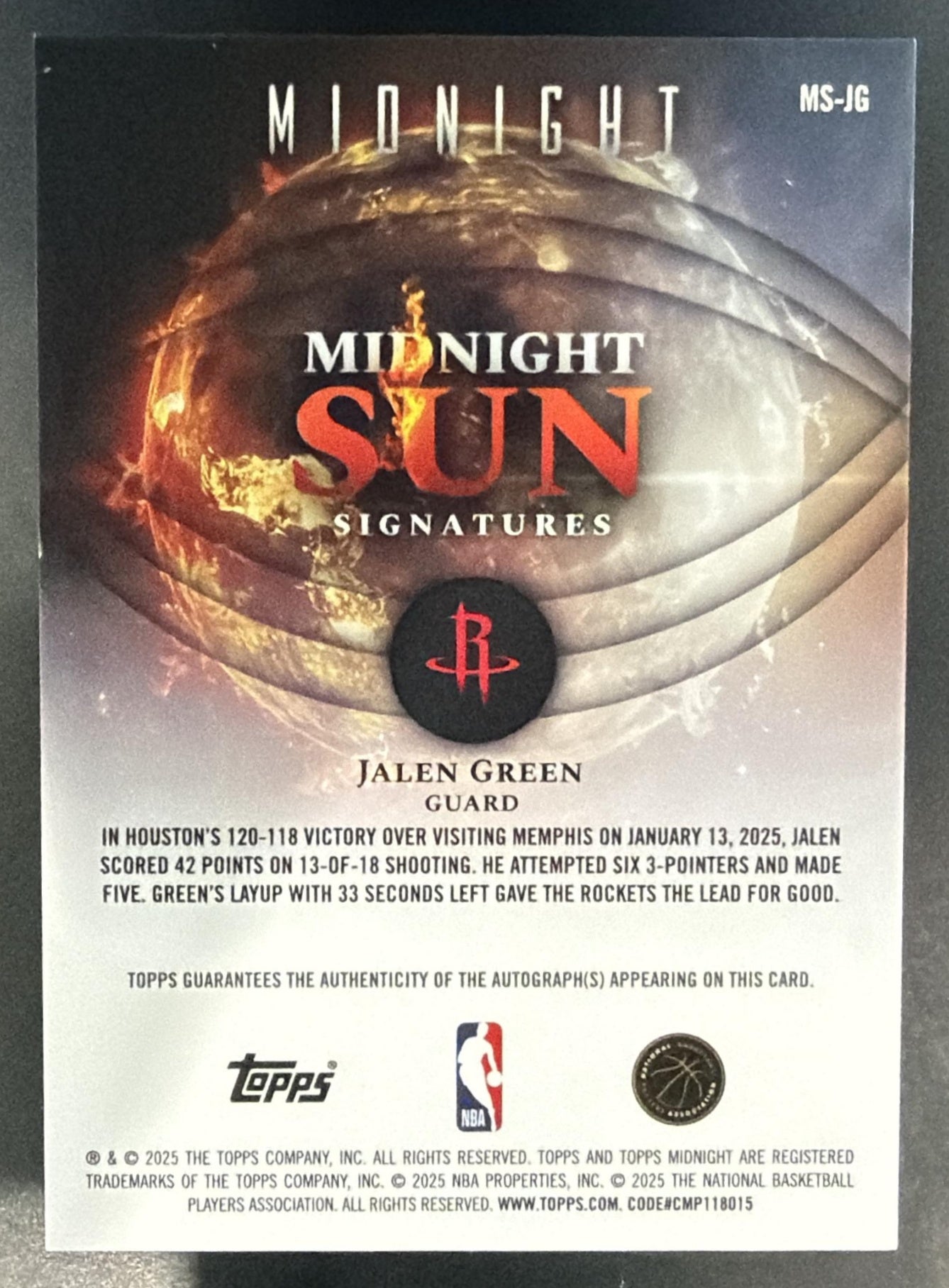 2025 Topps Midnight Jalen Green #MS-JG Sun Signatures Moonrise /25 Auto — back