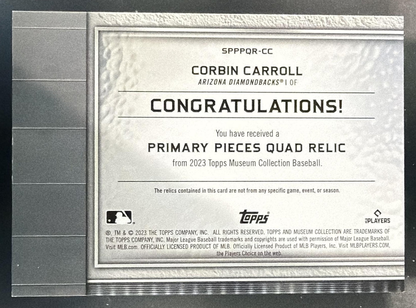 2023 Topps Museum Collection Corbin Carroll Primary Pieces Quad Relic /99 MEM RC — back