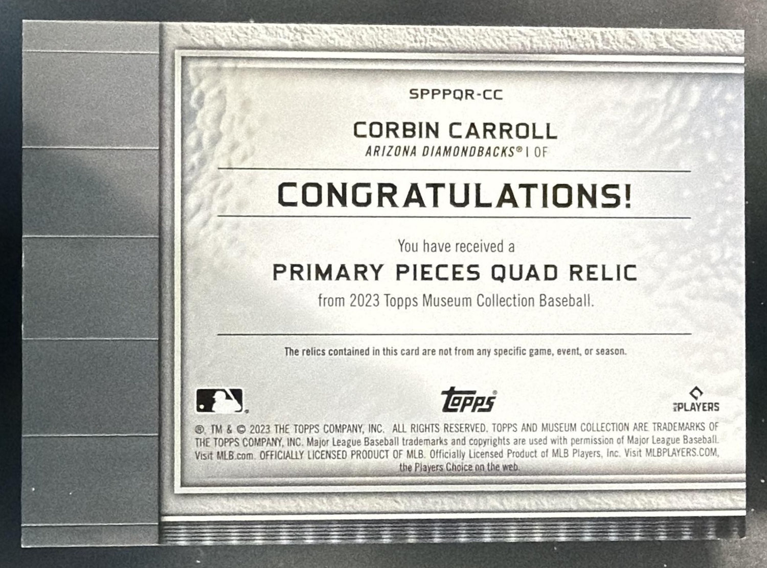 2023 Topps Museum Collection Corbin Carroll Primary Pieces Quad Relic /99 MEM RC — back