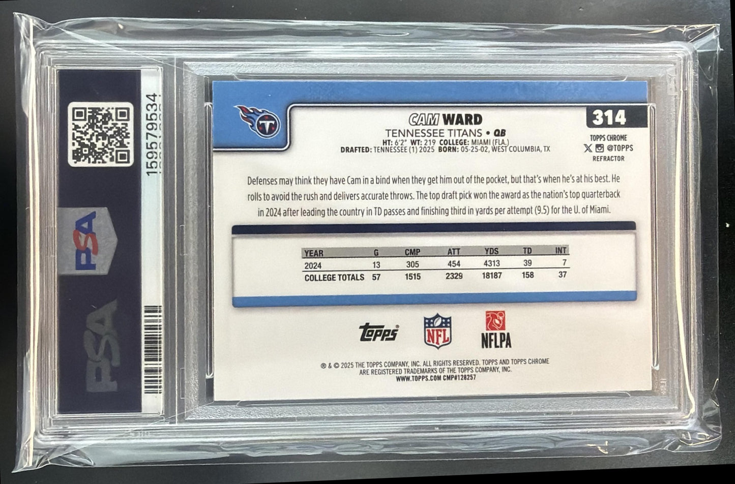 2025 Topps Chrome Cam Ward #314 Rookie Refractor RC Titans PSA 7 — back