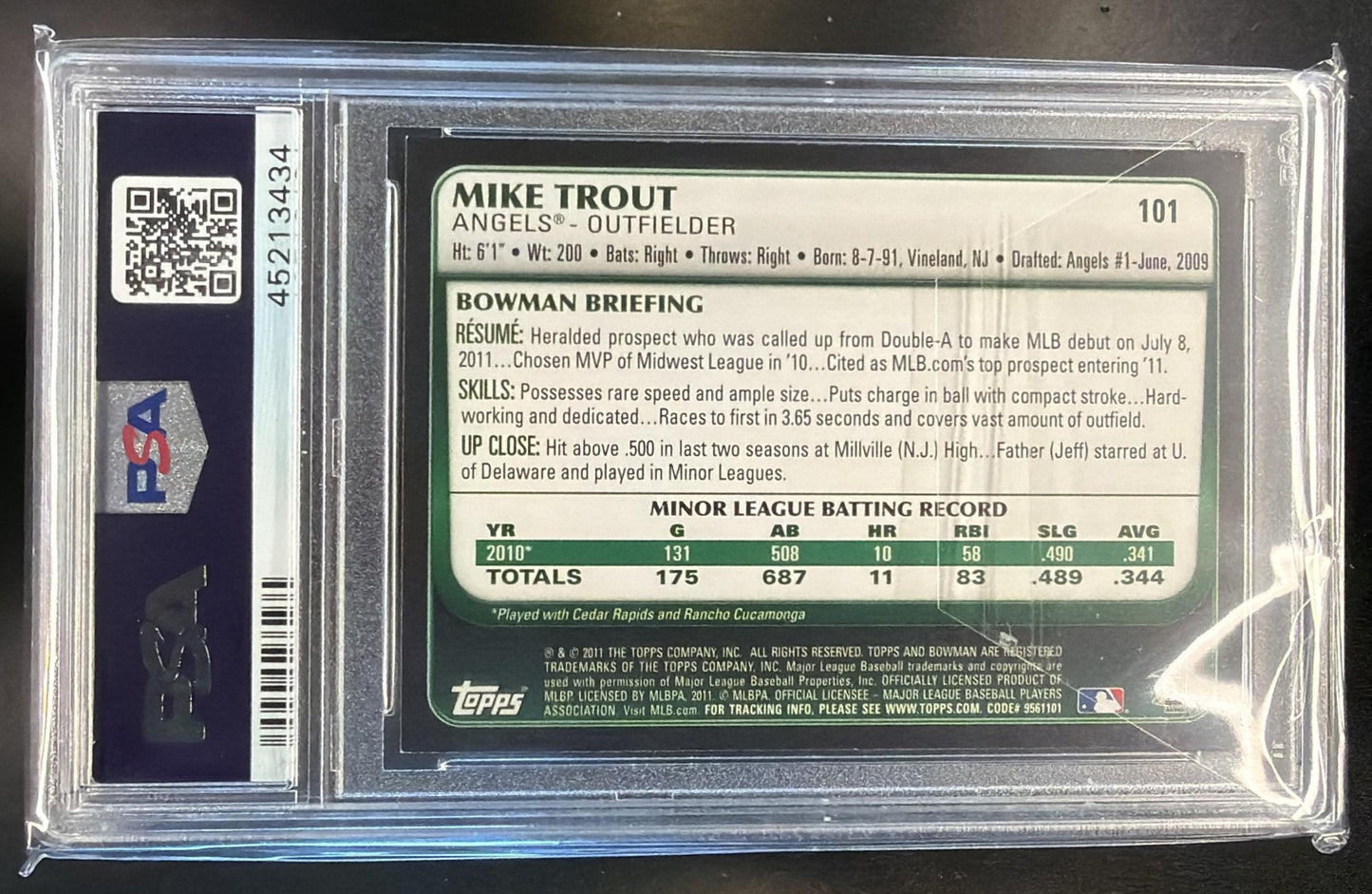 2011 Bowman Draft Picks & Prospects Mike Trout #101 RC Angels PSA 7 — back
