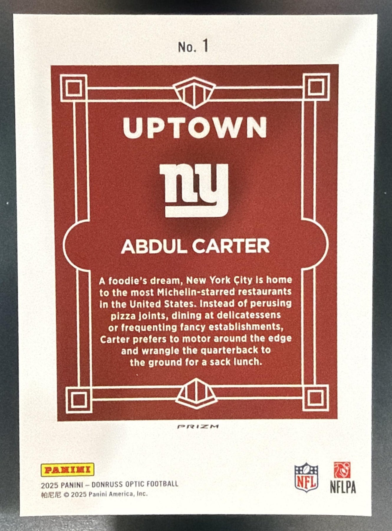 2025 Panini Donruss Optic Abdul Carter #1 Uptown RC SSP Giants — back