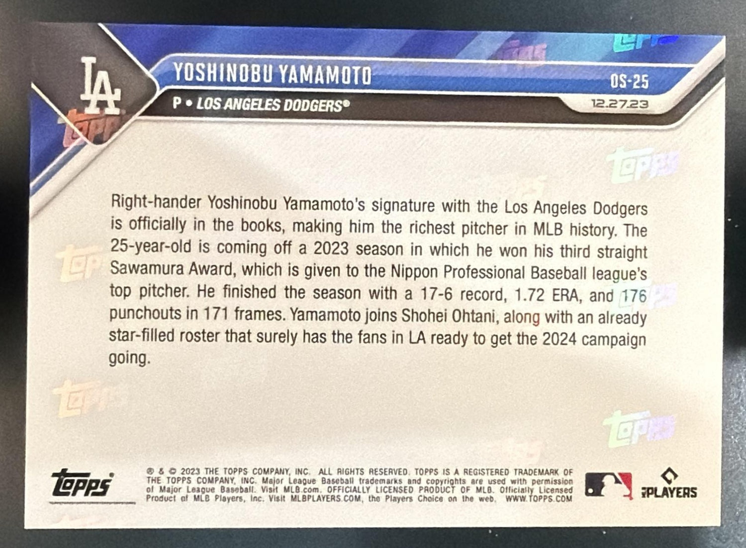 2023 Topps Now Off-Season Yoshinobu Yamamoto #OS-25 Dodgers — back