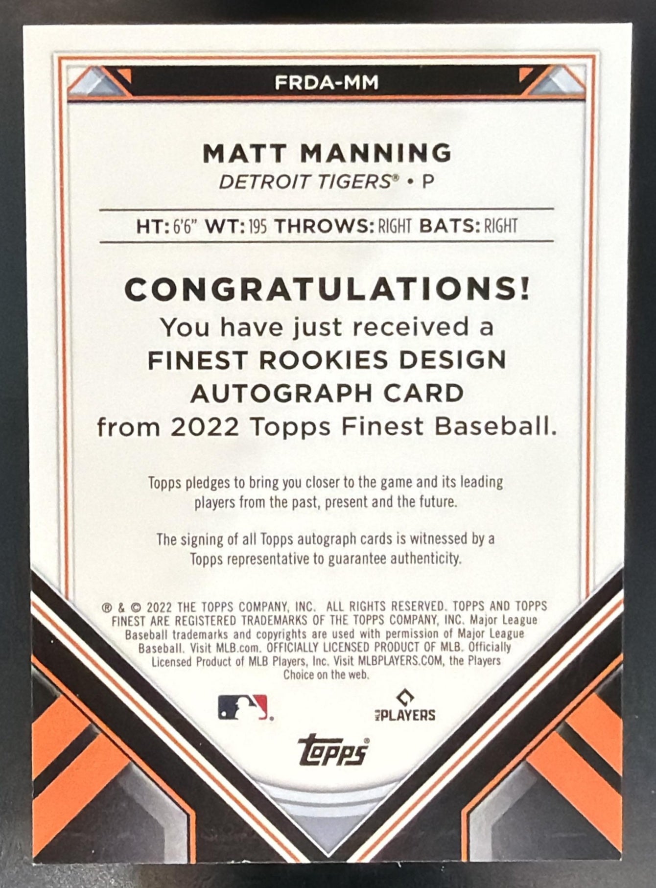 2022 Topps Finest Matt Manning Design Variation Auto Orange Refractor /25 RC — back