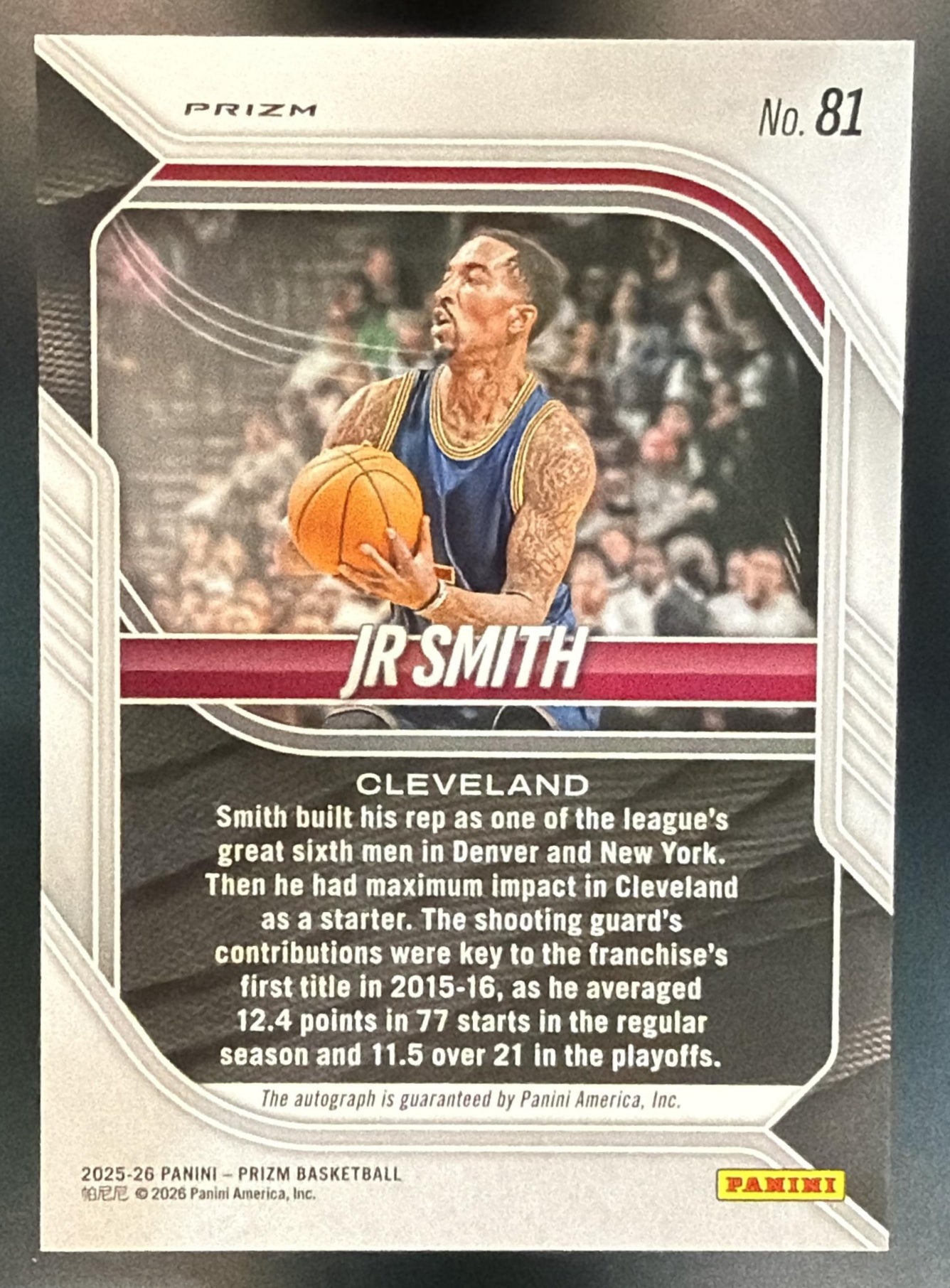2025-26 Panini Prizm JR Smith #81 Prizms Auto Green Cavaliers — back