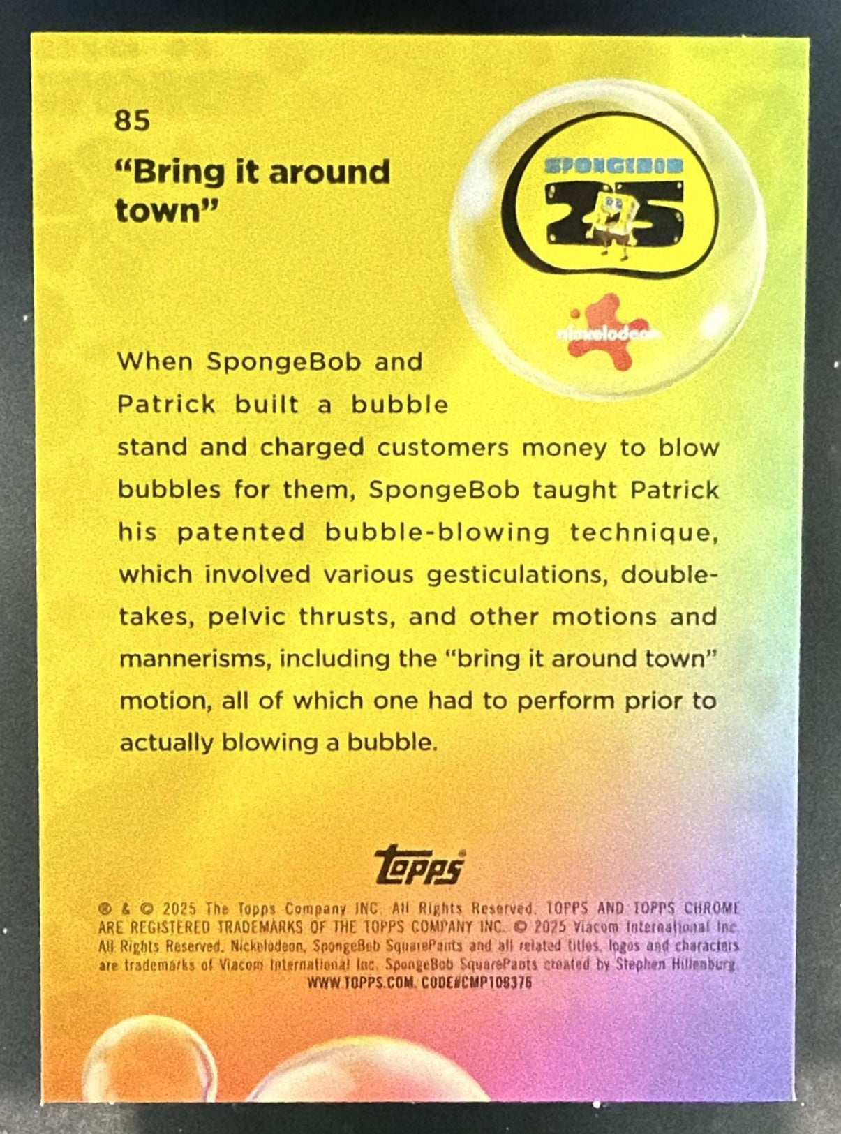 2025 Topps Chrome SpongeBob SquarePants 25th Sapphire Bring it Around Town — back