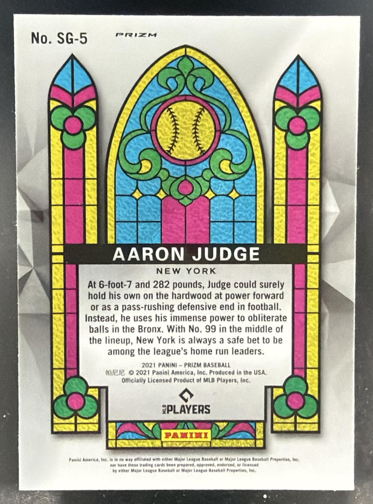 2021 Panini Prizm Aaron Judge #SG-5 Stained Glass Red/White/Blue Yankees — back