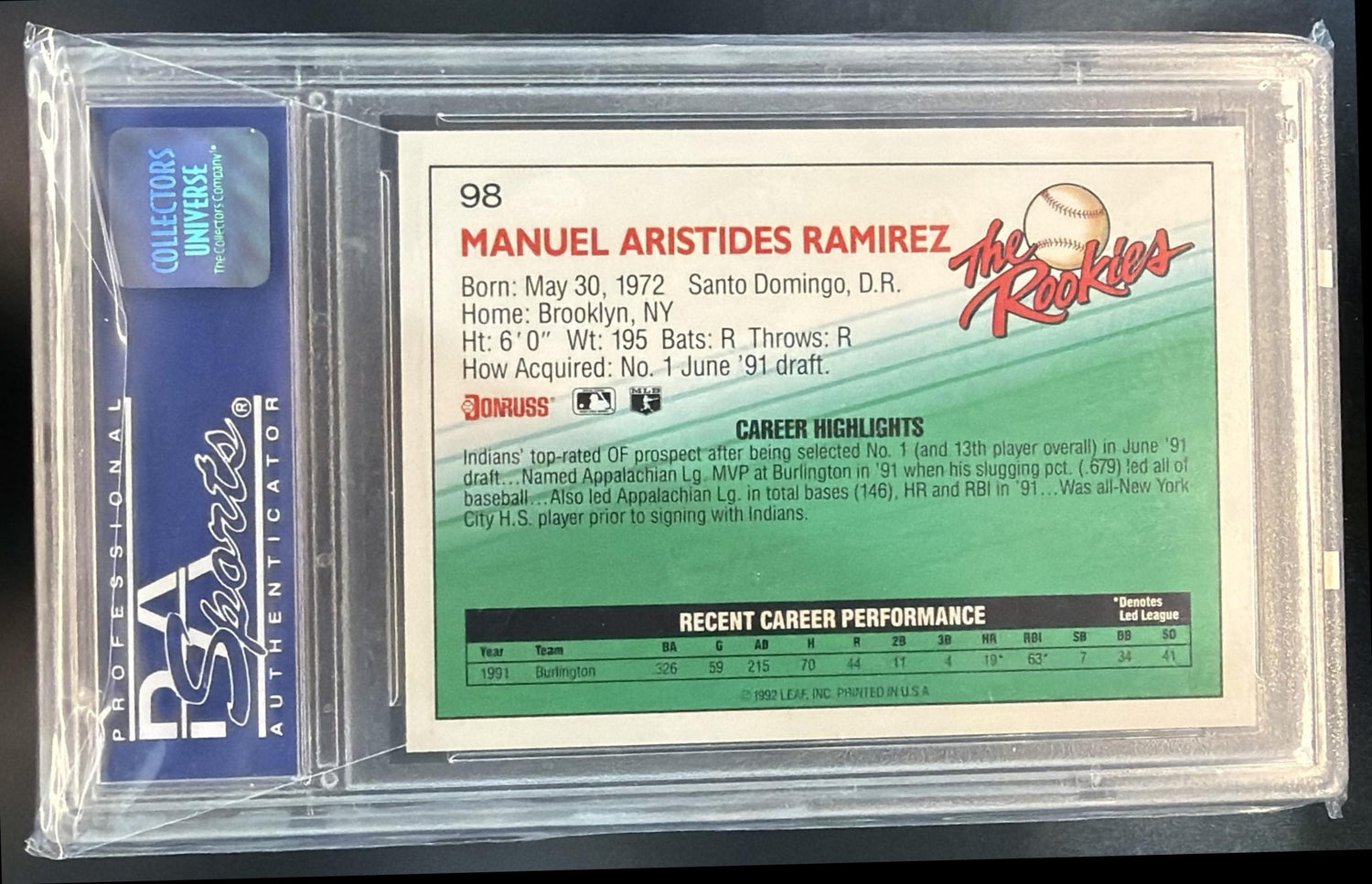 1992 Donruss The Rookies Manny Ramirez #98 RC Indians PSA 9 — back
