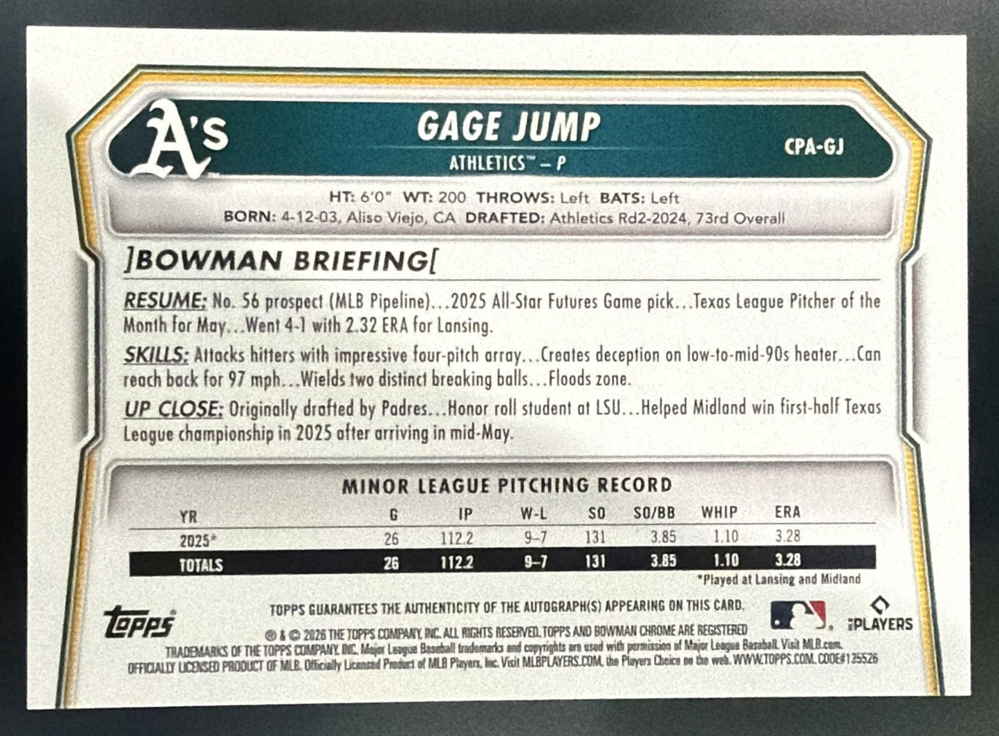 2026 Bowman Gage Jump #CPA-GJ Chrome Auto 1st Prospect Athletics — back