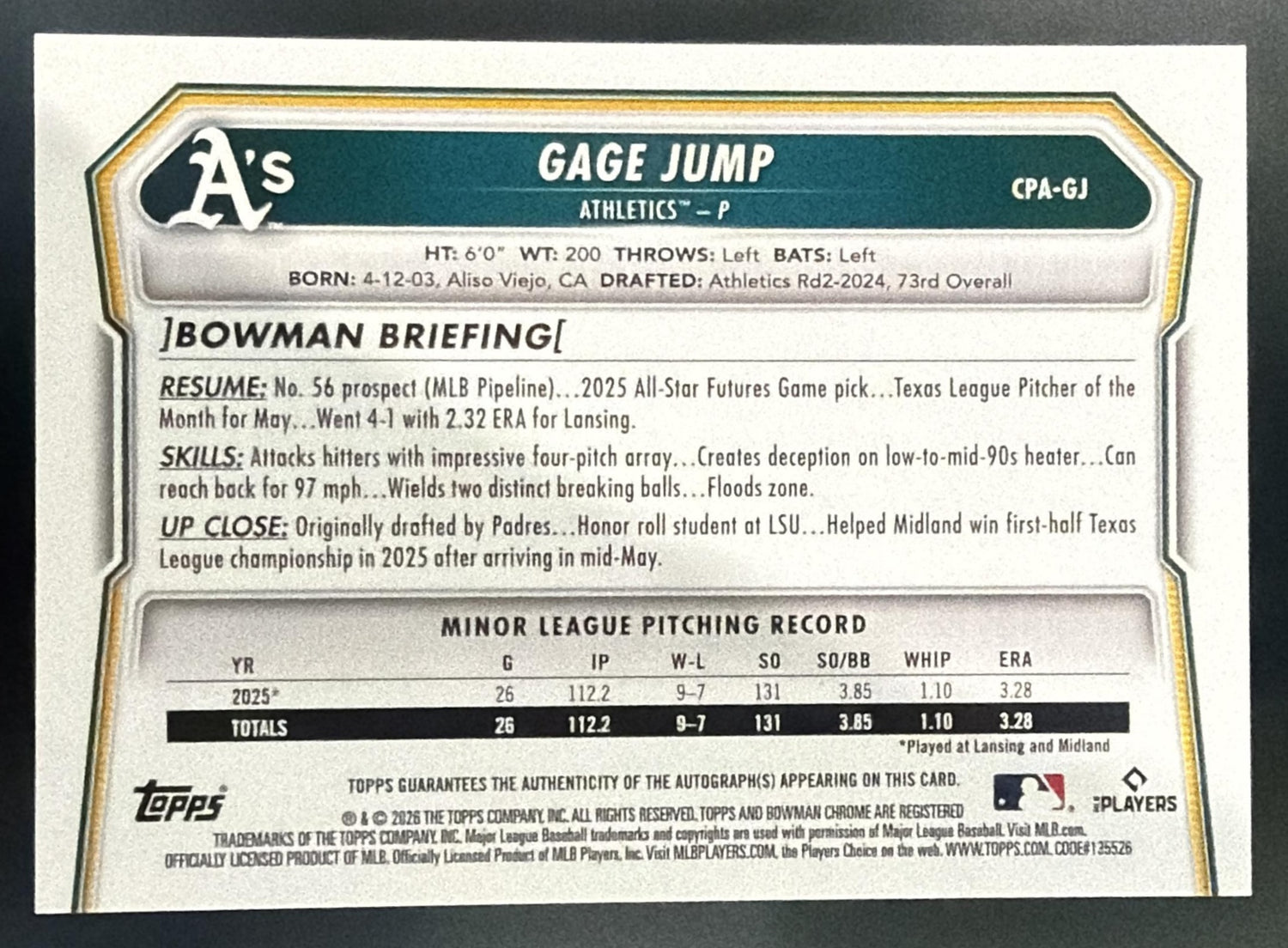 2026 Bowman Gage Jump #CPA-GJ Chrome Auto 1st Prospect Athletics — back