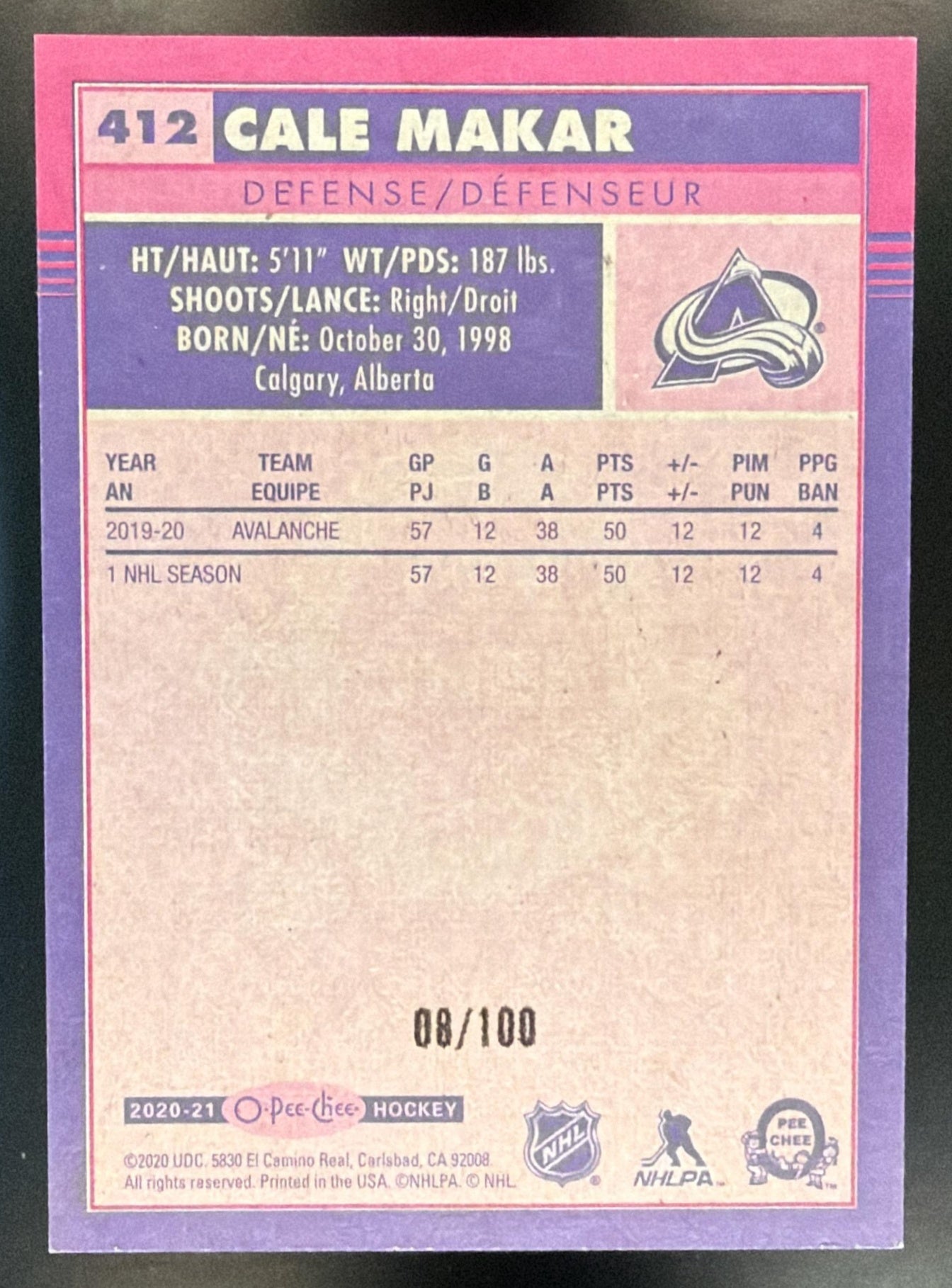 2020-21 O-Pee-Chee Cale Makar #412 Retro Black Jersey Number 8/100 Avalanche — back