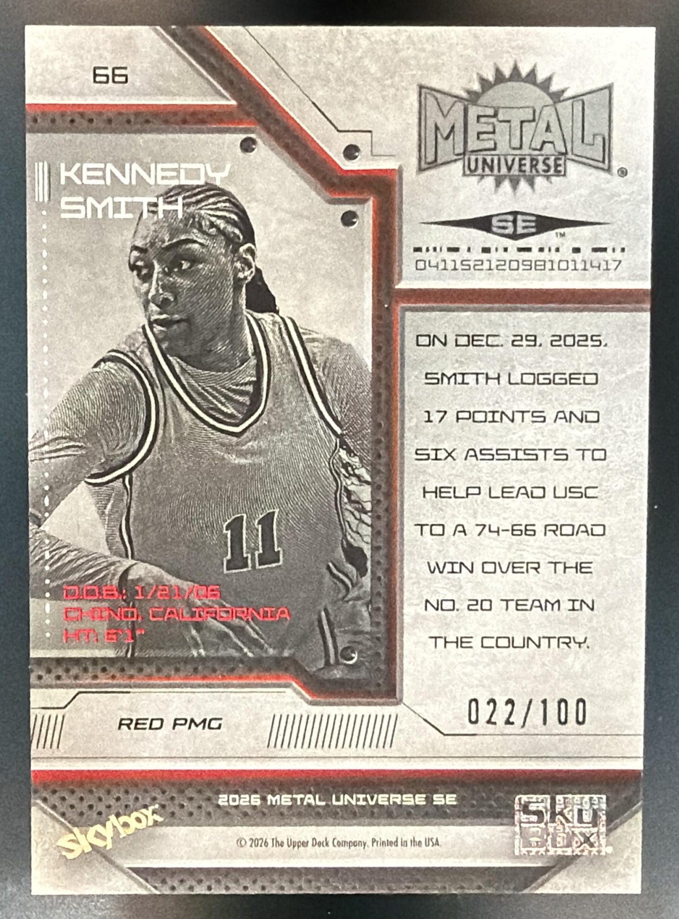 2026 Skybox Metal Universe SE Kennedy Smith #66 Precious Gems Red /100 — back