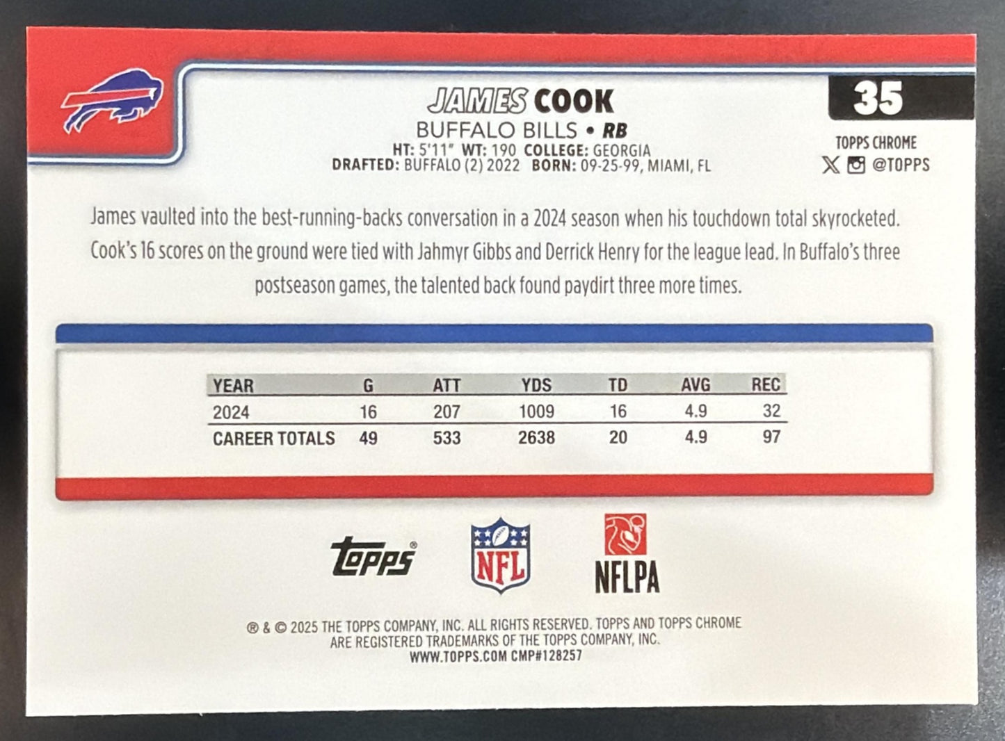 2025 Topps Chrome James Cook #35 Neon Pulse Refractor Bills — back
