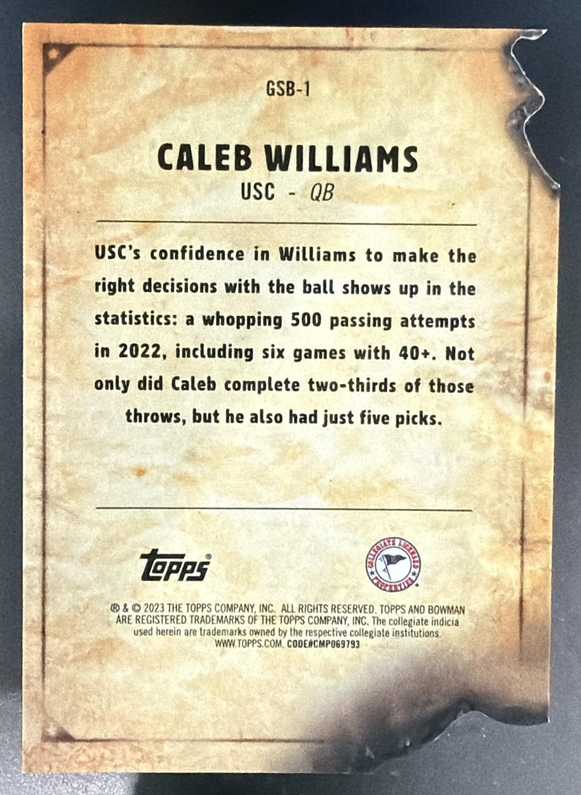 2023 Bowman U Best Caleb Williams Gunslingers Die Cuts Gold Refractor /50 — back